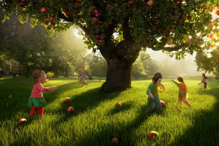 Prompt: kids in the garden are playing, sun breaks through the apple tree, green everywhere, sun, happy, joy, 4k, ultra details, cinematic, epic style, beautiful photo, hyper realistic, octane render, unreal engine, award winning, on artstation, volumetric lightning, masterpiece, golden hour,