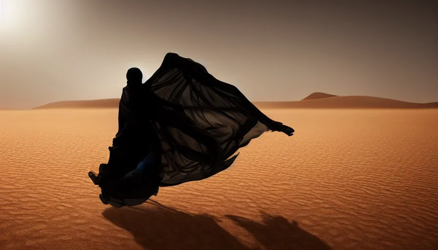 Image similar to arab woman in niqab floating mid - air in the desert, light, shadows, rippling reflections, steam, epic composition, intricate, elegant, volumetric lighting, digital painting, highly detailed, artstation, sharp focus, illustration, concept art, ruan jia, steve mccurry