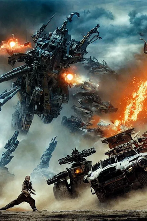 Image similar to epic sandstorm battle, Action, movie pacific rim, in the Movie transformers, in the Movie Mad Max: Fury Road (2015), by drew struzan