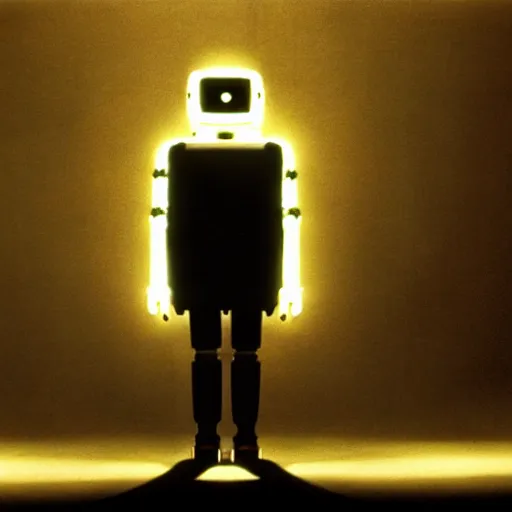 Image similar to movie still of robot with glowing third eye, cinematic composition, cinematic light, criterion collection, by david lynch