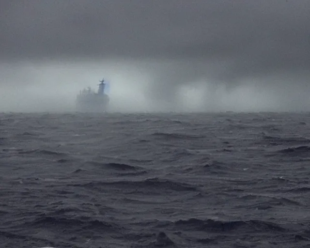 Prompt: photo of a big ship on a stormy ocean, cthulhu's silhouette in the back hidden in the fog, coming closer