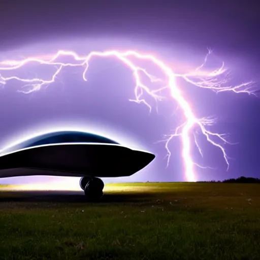 Image similar to futuristic flying car emerging from a circle of lightning in the sky, thunderstorm at night, 28mm dramatic photo