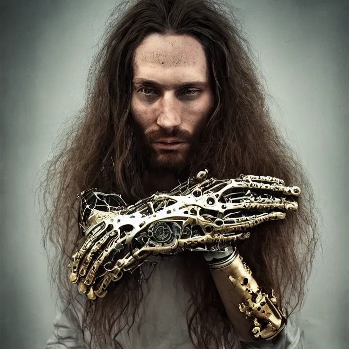 Prompt: long haired hippie cyborg with rastacap, photorealism, white detail plastic biomechanical with gold, copper, bronze, chrome by lee jeffries, erik johansson, supersampled, 8 k, beautify