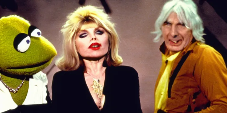 Prompt: Photorealistic Cinematography of Debbie Harry hosting The Muppet show in 1981