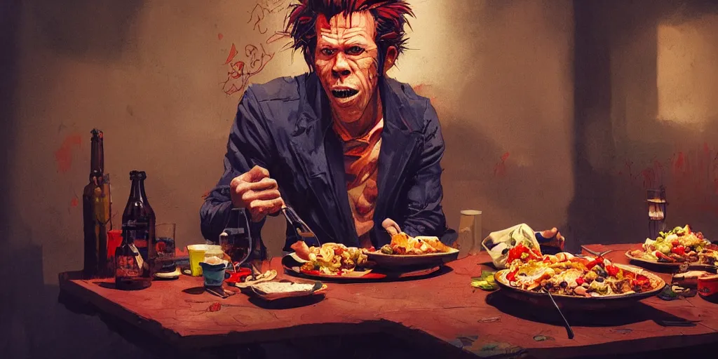 Image similar to cartoonish tom waits eating dinner, vivid colors, character sheet, fine details, concept design, contrast, kim jung gi, greg rutkowski, trending on artstation, 8 k, full body, turnaround, front view, back view, ultra wide angle