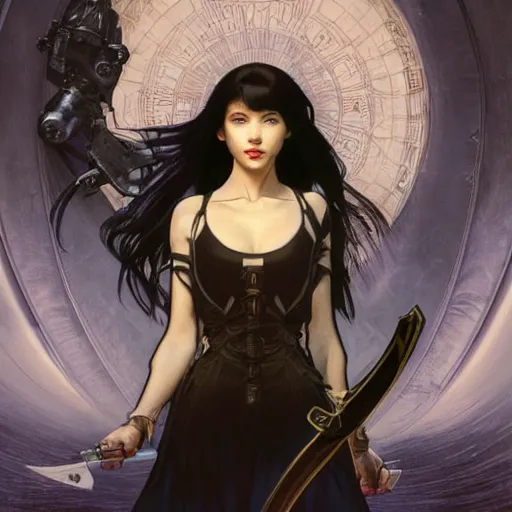 Image similar to portrait of a woman, long black hair, holding sword, in front of a sci fi cityscape, by tetsuya nomura and annie swynnerton, makoto shinkai, alphonse mucha, detailed, cinematic, wide angle, dark sepia toned shading, luminescent eyes, detailed face, expressive eyes, blue fire everywhere, trending on artstation.