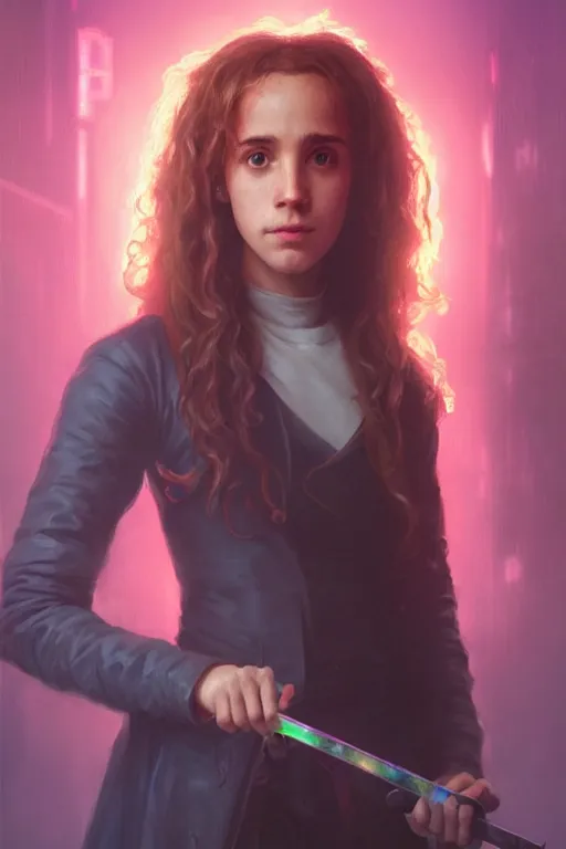 Image similar to portrait of Hermione Granger in cyberpunk, neon lighting, digital art from artstation by Ruan Jia and Mandy Jurgens and Artgerm and william-adolphe bouguereau and Greg Rutkowski and Wayne Barlowe