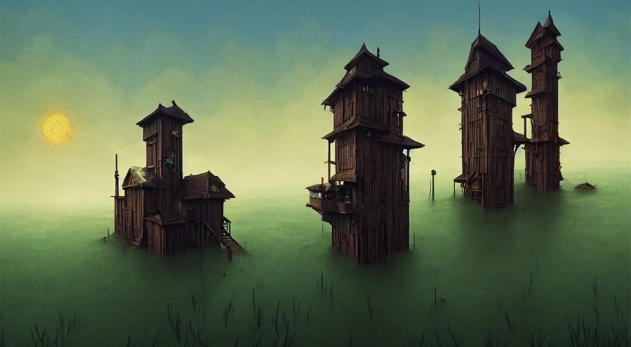 Prompt: single flooded simple wooden tower, very coherent and colorful high contrast ultradetailed photorealistic masterpiece by dean ellis franz sedlacek simon stalenhag, dark shadows, sunny day, hard lighting