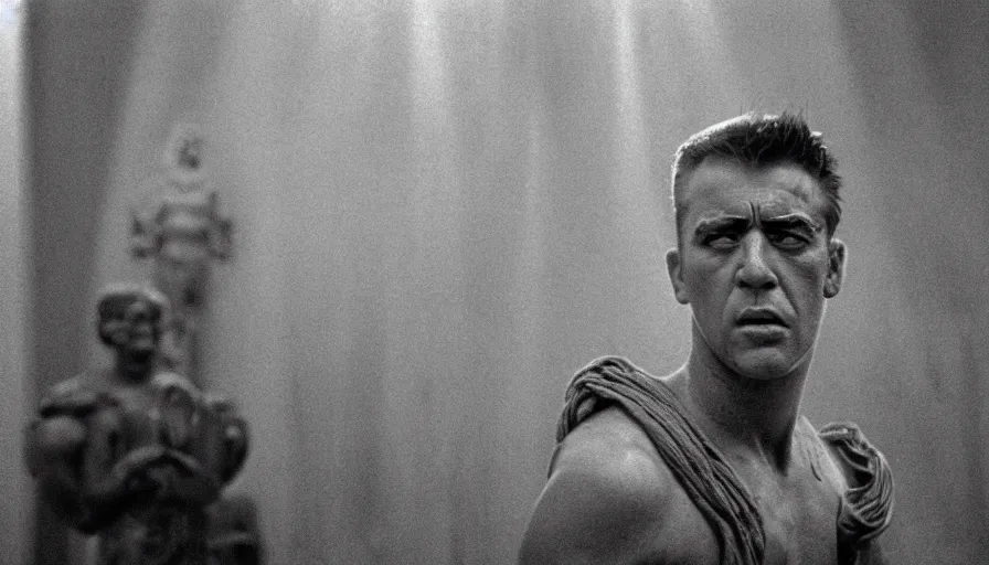 Prompt: 1 9 6 0 s movie still of marcus atilius regulus tied at pole with his bleeding eyes looking at the sun, cinestill 8 0 0 t 3 5 mm b & w, high quality, heavy grain, high detail, texture, dramatic light, anamorphic, hyperrealistic, detailed hair