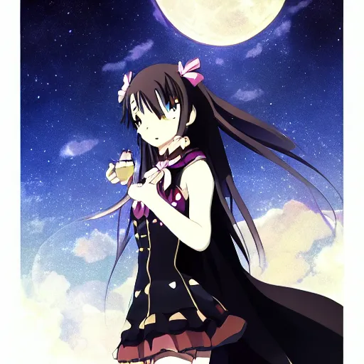 Prompt: a magical anime girl under the moon, dark colours, drawn by studio Ufotable, amazing line work, high quality,