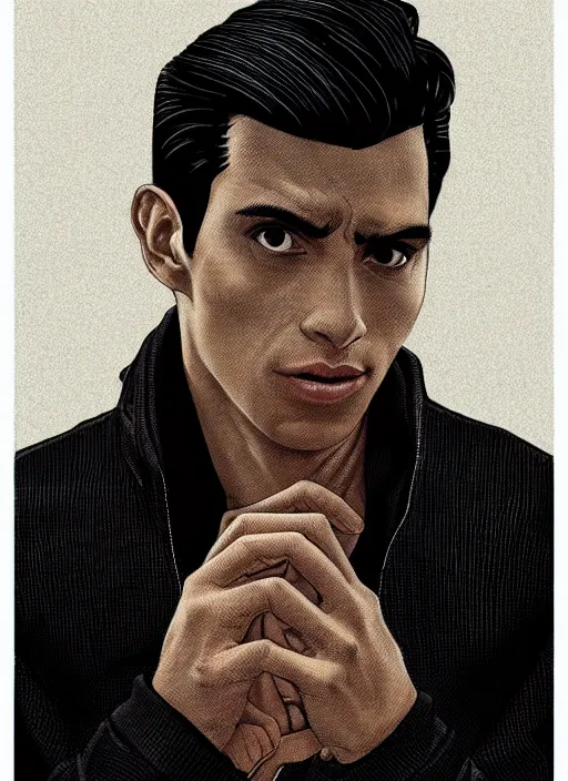 Image similar to portrait of a young man with black hair wearing a black turtleneck. scars on his body. young man brown skin. art by martin ansin, martin ansin artwork. portrait.