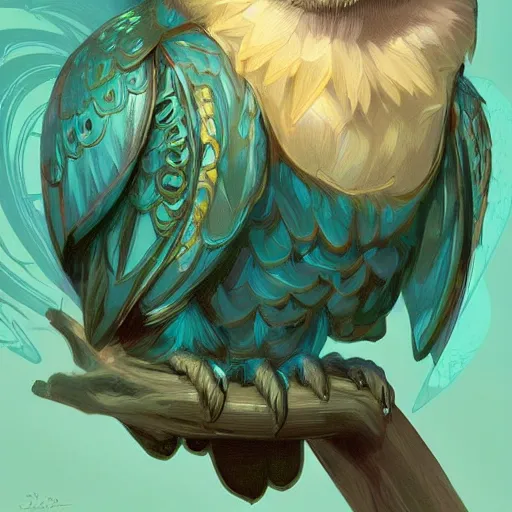 Prompt: A teal owl, D&D, fantasy, highly detailed, digital painting, artstation, smooth, sharp focus, illustration, art by artgerm and greg rutkowski and alphonse mucha