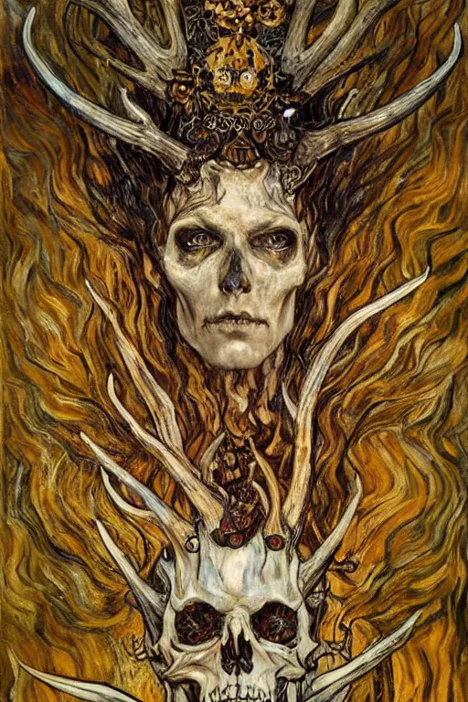 Prompt: The King of Bones by Karol Bak, Jean Deville, Gustav Klimt, and Vincent Van Gogh, portrait of a majestic demonic undead king, undead, lich lord, eyes on fire, fire in eyes, mystic eye, otherworldly, crown made of bones, antlers, horns, ornate jeweled crown, skull, fractal structures, arcane, inferno, inscribed runes, infernal relics, ornate gilded medieval icon, third eye, spirals, rich deep moody colors