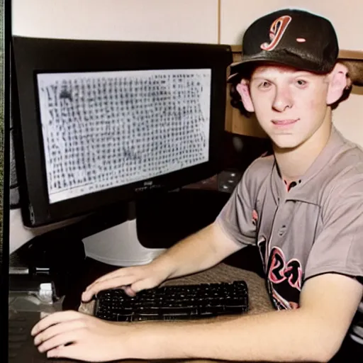 Image similar to 21 year old Jimmy John’s manager with pale skin and brown curly hair is wearing a black baseball cap and tapping a computer screen on the wall