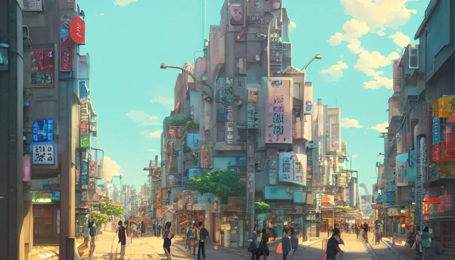 Image similar to A highly detailed matte painting of a tokyo street with a bright shimmering sky by Studio Ghibli, Mokoto Shinkai, by Artgerm, by beeple, volumetric lighting, octane render, 4K resolution, trending on artstation, vivid colours