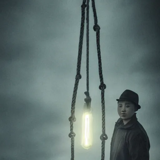 Image similar to justin sun tied to train tracks, bound in rope and chains, beautiful cinematic lighting, epic composition, approaching train headlight