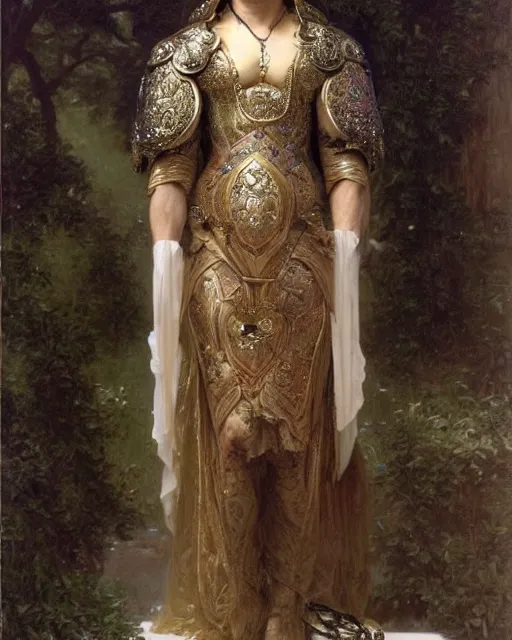 Prompt: Nicolas Cage, dressed in ornate, detailed, intricate iridescent opal armor, detailed oil painting by William Adolphe Bouguereau and Donato Giancola