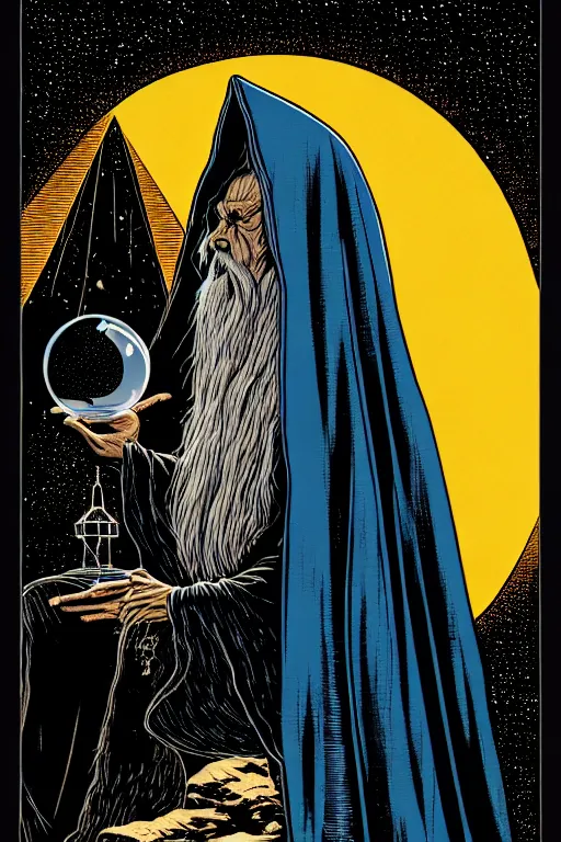 Image similar to side view of wizard in a hooded cloak gazing into a crystal ball, high details, intricately detailed, by vincent di fate, inking, 3 color screen print, masterpiece, trending on artstation, sharp, details, hyper - detailed, hd, 4 k, 8 k