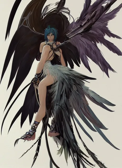 Image similar to concept art painting of a harpy with black feathers, androgynous, pirate clothes, detailed, realistic, cel shaded, in the style of makoto shinkai and james gurney and alphonse mucha and greg rutkowski and artgerm