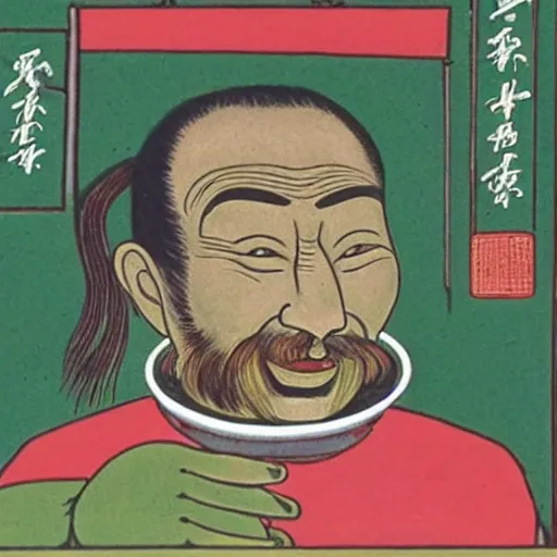Prompt: zhuangzi drinking chinese tea in a chinese tea house, smiling, introspective, deep mystical knowledge