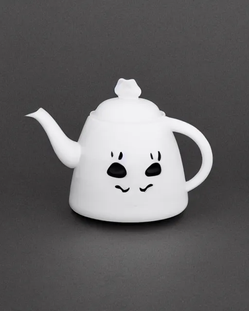 Prompt: a creepy white porcelain tea kettle, with it's lid shaped like a creepy happy cat head, it's handle shaped like a cat tail and it's spout in the shape of the cat paws, at the end of the spot there is a gray mouse. hyperreal, and intricately detailed