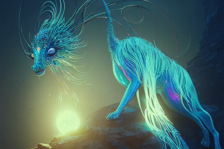 Image similar to iridescent opalescent animal, backlit, warm tones, bioluminescent : by michal karcz, daniel merriam, victo ngai and guillermo del toro : ornate, dynamic, particulate, intricate, elegant, highly detailed, centered, artstation, smooth, sharp focus, octane render