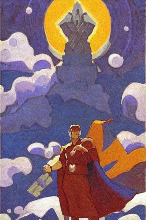 Image similar to thor, marvel, artwork by nicholas roerich,