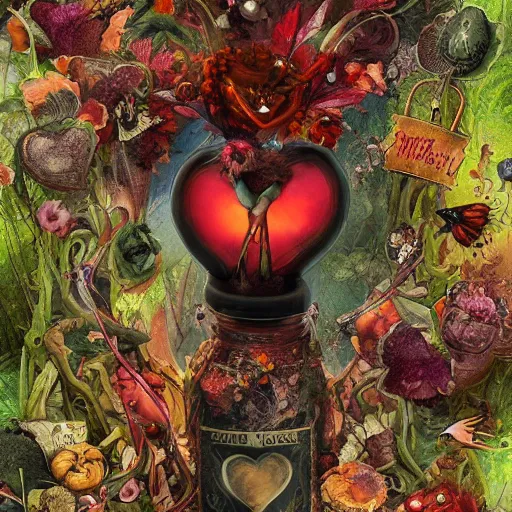 Prompt: Hell and heaven, captured in bottles, a heart full of envy, The Autumn Plague Gardener, the theme of Alice in Wonderland, digital painting, its softness partakes of fluidity, illustration, deep dark, artstation, intricate, biodiversity in a world of change and constancy, ue5, by deiv calviz and bossmonsterbani