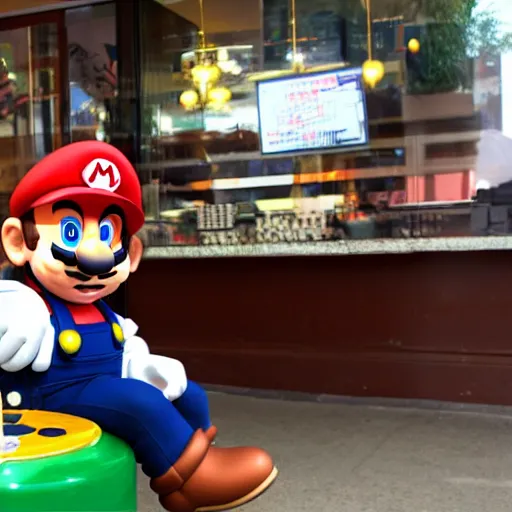 Image similar to mario sitting at star bucks.