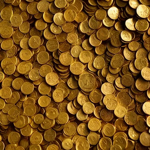 Prompt: millions of gold coins in a pile on top of a hill