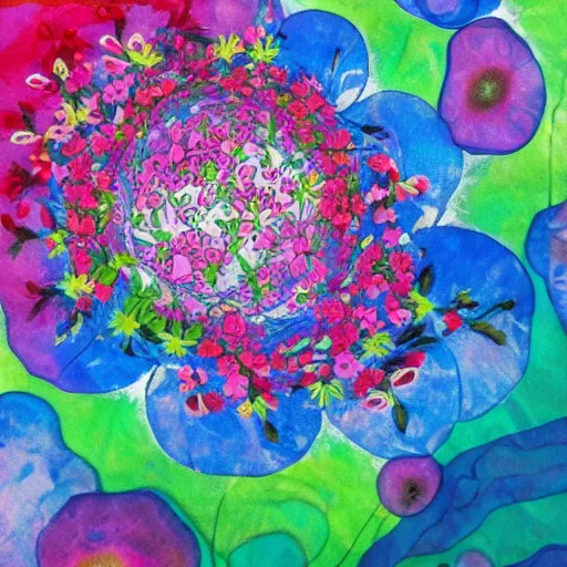 Image similar to Mixed media art. This illustration is a large canvas, covered in a wash of color. In the center is a cluster of flowers, their petals curling and twisting in on themselves. The effect is ethereal and dreamlike, and the overall effect is one of serenity and peace. by Toyo Ito robust
