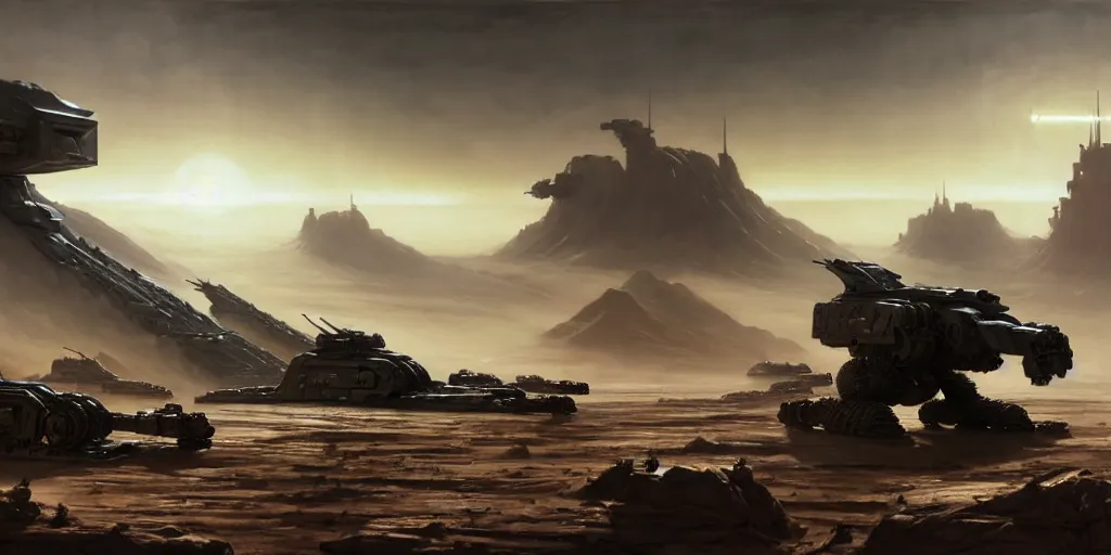 Image similar to hyper realistic sci - fi matte concept art painting of epic cinematic battle between a variety of mechwarriors and soldiers fighting on mars, guns, missiles, explosions, beautiful details, strong composition painted by kim jung guweta studio rutkowski, james gurney and greg rutkowski, and lucasfilm, smooth, intricate, detailed, sharp focus, cinematic