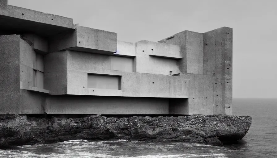 Prompt: big brutalist base perched on a cliff overlooking a magnificient bay, drawing architecture, pritzker architecture prize, greig fraser