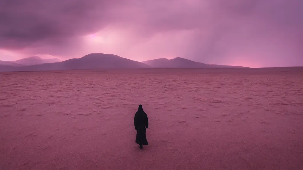 Prompt: a lone figure at the distance on soft glow pink desert with snow mountains and cloudy skies, purple fog, thunderstorms in the distance, long exposure, detailed, hyper realistic, photorealism, landscape, ultra wide angle view, peaceful, cinematic, volumetric lighting, god ray through clouds