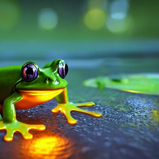 Image similar to green frog swimming in a glowing bright swamp at night, photorealistic render, bloom, bokeh blur, simulated, unreal engine, cgsociety