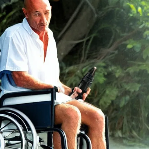 Image similar to still photo of john locke from the show lost. he is sitting on the beach and staring at a wheelchair, oil panting, cinematic, highly detailed