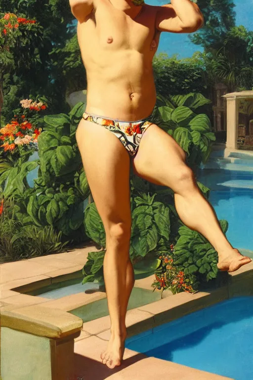 Image similar to Mike Patton wearing a Speedo, Next to a pool, golden hour, in a garden, artstation, by J. C. Leyendecker and Peter Paul Rubens,