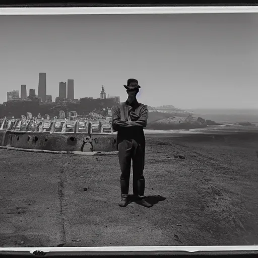 Image similar to san francisco, strawberry hill, post - nuclear city in background, man standing in front of bunker door, tintype photograph