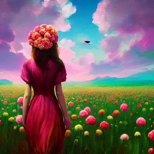 Image similar to head of carnations flower, full body, girl walking in a flower field, surreal photography, sunrise dramatic light, impressionist painting, colorful clouds, digital painting, artstation, simon stalenhag, flower face