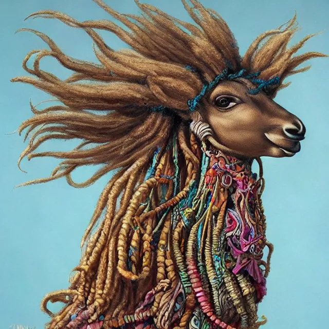 Image similar to llama with dreadlocks, by mandy jurgens, ernst haeckel, james jean. in the style of aqua