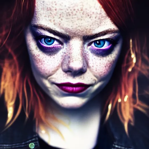 Image similar to Emma Stone, grungy, unkept hair, glowing eyes, modelsociety, wet from rain, radiant skin, huge anime eyes, bright on black, dramatic, studio lighting, perfect face, intricate, Sony a7R IV, symmetric balance, polarizing filter, Photolab, Lightroom, 4K, Dolby Vision, Photography Award