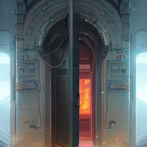 Image similar to a giant door to a top secret vault, detailed digital illustration by greg rutkowski, cyberpunk, android netrunner