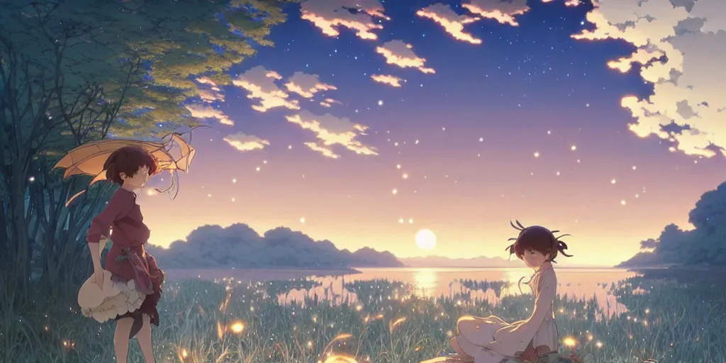 Image similar to the girl and the flying lanters. anime visual of a cozy village, by the lake at night, fireflies,. by hayao miyazaki and rossdraws and artgerm and greg rutkowski and alphonse mucha. anime production by studio ghibli. high quality, stunning, intricate detailed environment. 8 k