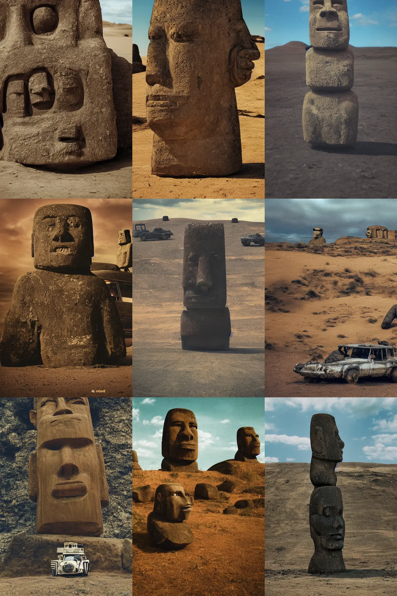 Prompt: Kodak portra 160, 8K, highly detailed, portrait, tilt shift: famous moai in low budget mad max movie remake, car chase scene