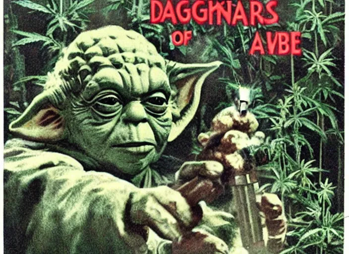 Image similar to vintage travel advertisement for the planet dagobah, of yoda smoking a huge marijuana cigarette, surrounded by cannabis plants