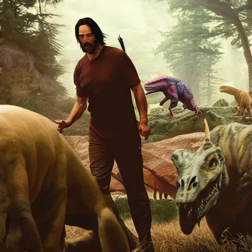 Image similar to a hyper real comic book style portait painting of keanu reeves in the stone age with dinosaurs, unreal 5, hyperrealistic, octane render, cosplay, rpg portrait, dynamic lighting