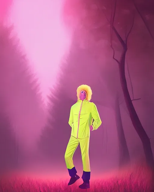 Image similar to man with glowing pink afro wearing disco jacket, standing in atmospheric spring forest at night, photoshop digital painting, best of artstation 4 k