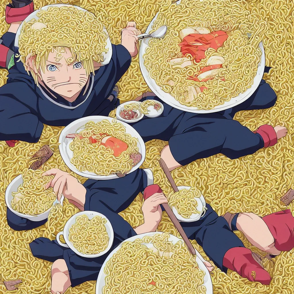 Image similar to a color manga illustration of blonde - haired naruto laying in a pile of ramen noodles in bowls, holding a large bowl of ramen and slurping up noodles. the view is top down. his mood is one of delicious bliss and naruto is the only human in the image. the image is illustrated in high colorful detail by masashi kishimoto and is very very very detailed.