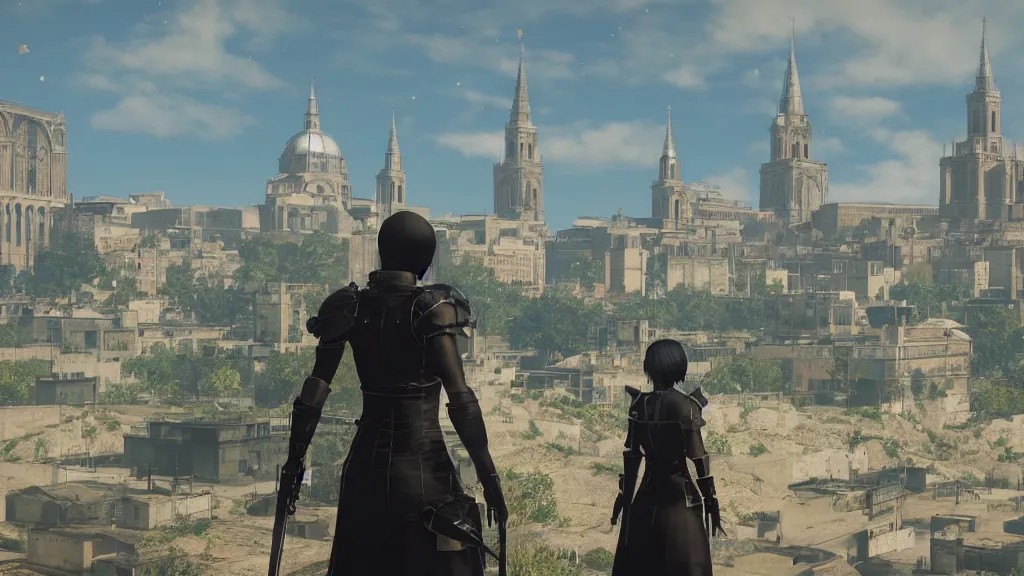 Prompt: Screenshot from Nier Automata in Marseille. In the background there is the basilica Our Lady of the Guard