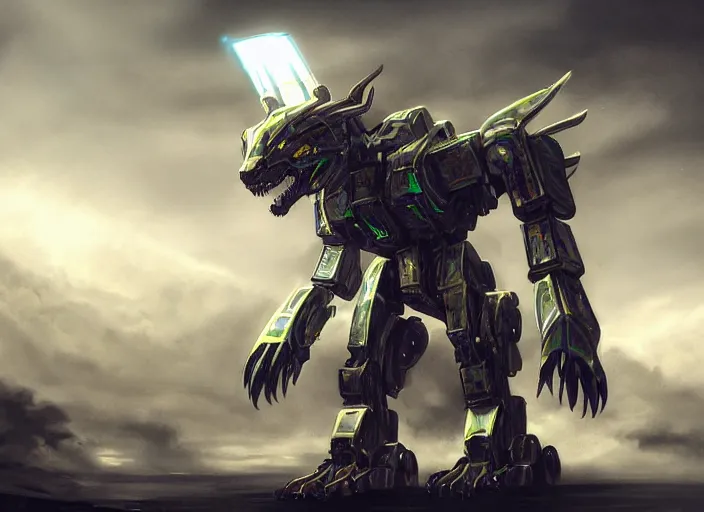 Image similar to hyper realistic, epic, highly detailed cinematic fukll, shot of a gigantic feral robot mecha canine, sharp dragon claws, detailed glowing head, metal ears, cannon mounted on back, sleek armor, glowing visor, detailed sharp claws, digital art, furry art, macro art, dragon art, furaffinity, deviantart, sofurry